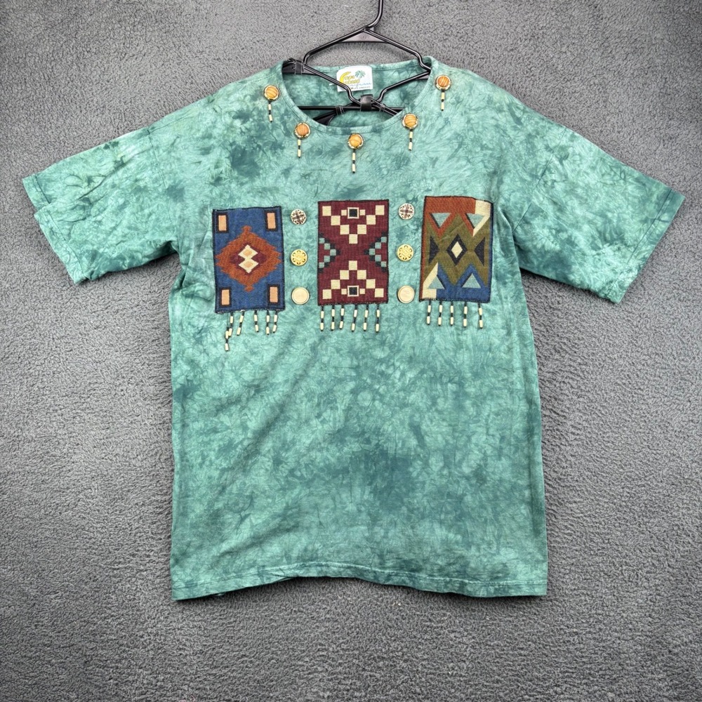 Copa Cabana Vintage Tie Dye Southwestern Beaded T-Shirt Green One Size USA Made